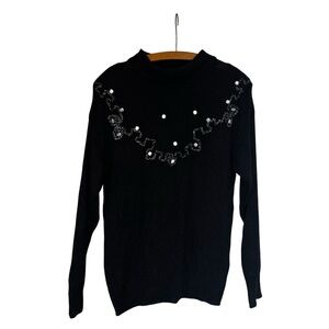 VTG 80s Anytime Glitz Jeweled Black Knit Sweater Silk Angora Nylon Size Small